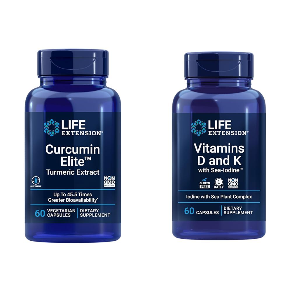 Livsforlengelse Curcumin Elite Turmeric Extract, fremmer en sunn inflammatorisk respons og vitaminer D og K med Sea-Iodine, vitamin D3, vitamin K1 og K2