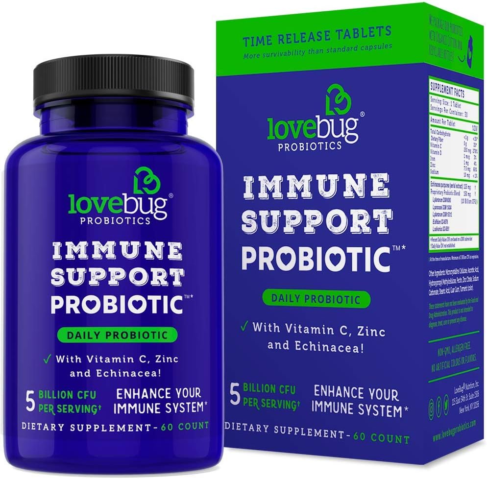 Lovebug PROBIotics Immune Support Daily Probiotic for menn og kvinner, 40 milliarder CFU & 6 Strains, Inkluderer vitamin C, sink & Echinacea, 30 kapsler, vegansk og ikke-GMO