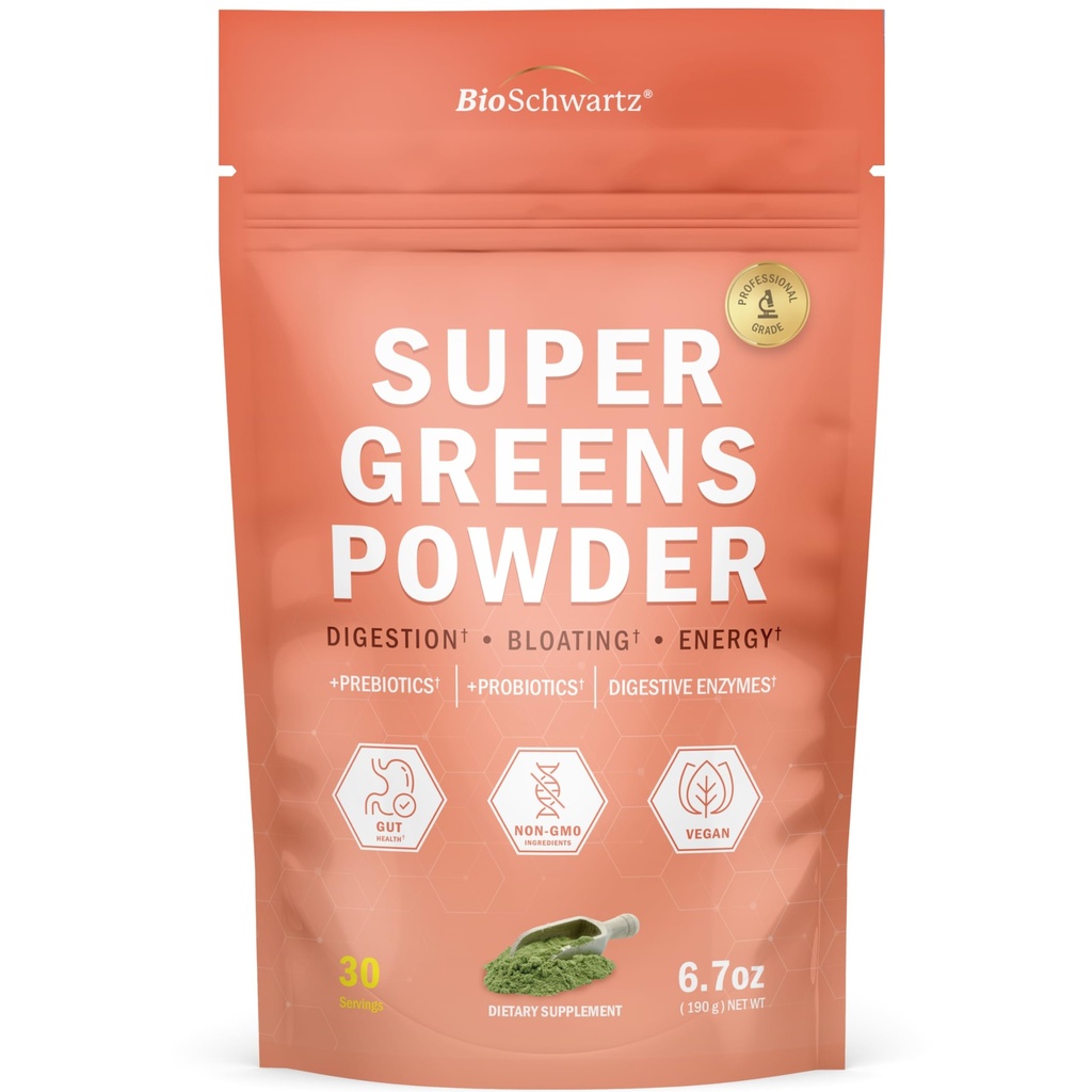 BioSchwartz Grønn pulver Super Grønn med probiotika, Prebiotika, Digestive Enzymer & 43 Grønn Superfoods - Klorofyll, Bilbær, Klorella, Spirulina - smaker Fantastisk - 30 Servings