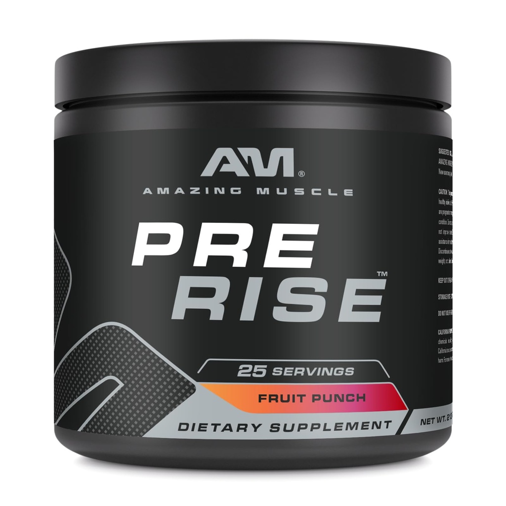 Amazing Muskel Pre Rise | Pre-Workout pulver Supplement med koffein & Beta-Alanin for menn og kvinner | 25 serveringer (25 Serveringer, fruktpunch)