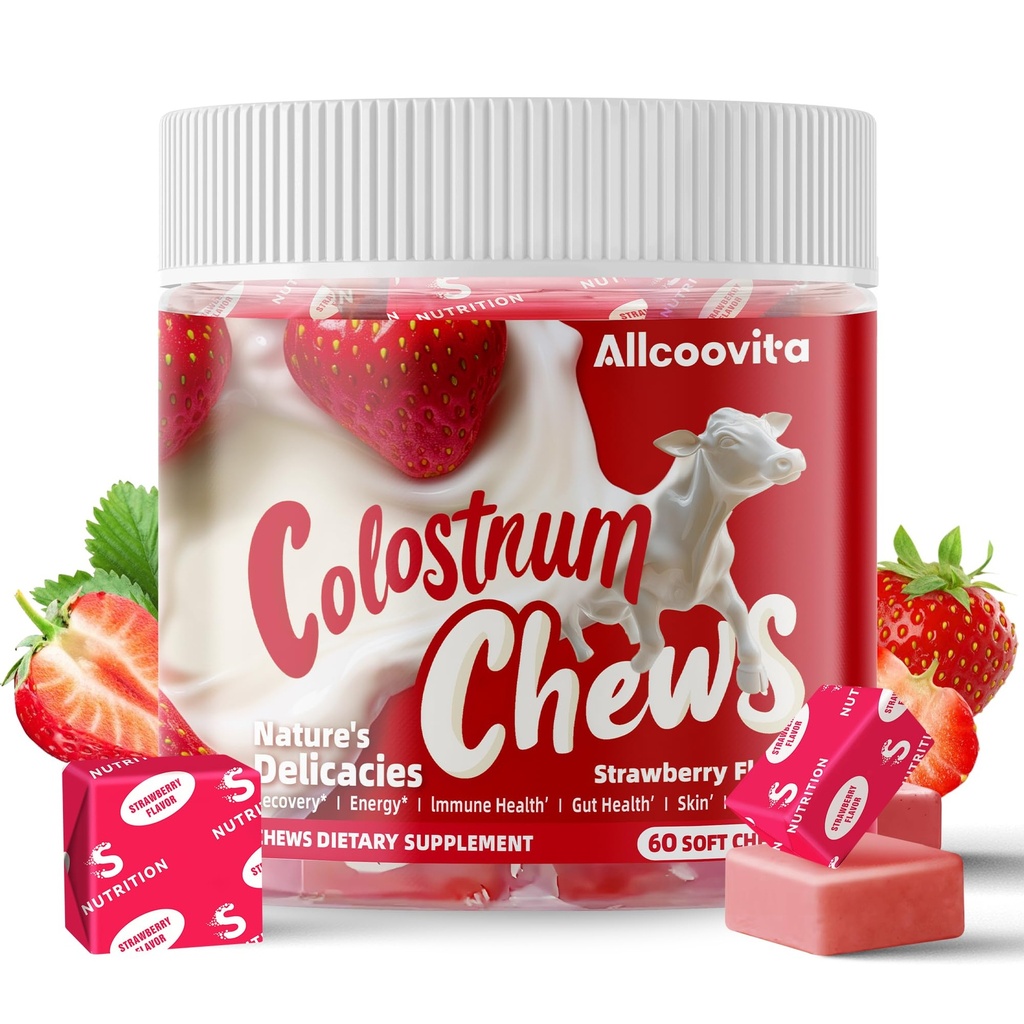 Bovine Colostrum Chews Supplement med probiotika for Gut Helse, Bloating, Immun støtte, hud, hårvekst og skjønnhet - Strawberry Flavor (60 serveringer)
