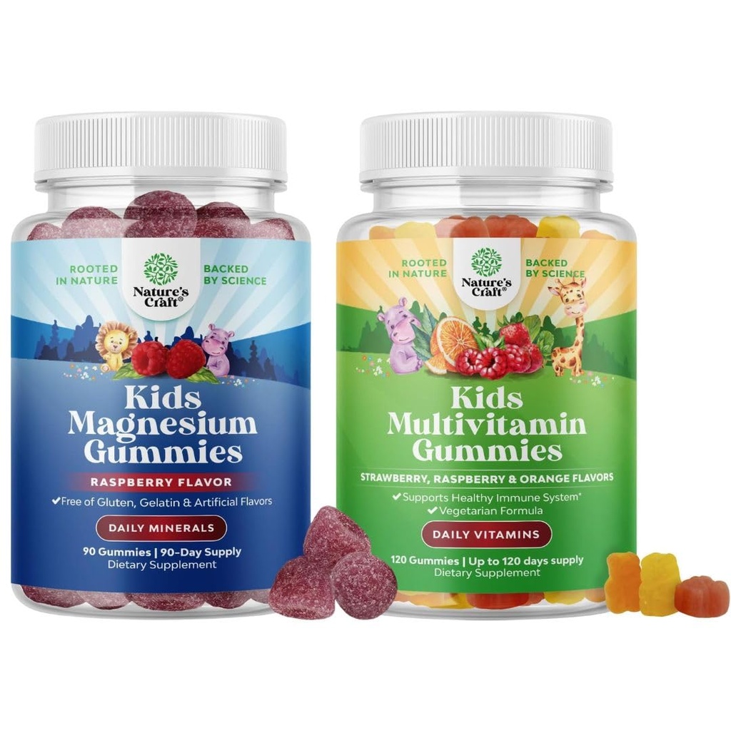 Bundle of Kids Magnesium Gummies - Supplement for Nerve Helse, Muskler og sunn hjerte støtte, og Plante Basert Kids Multivitamin Gummies - Multivitamin for immunitet støtte med vitaminer A C D3 E B