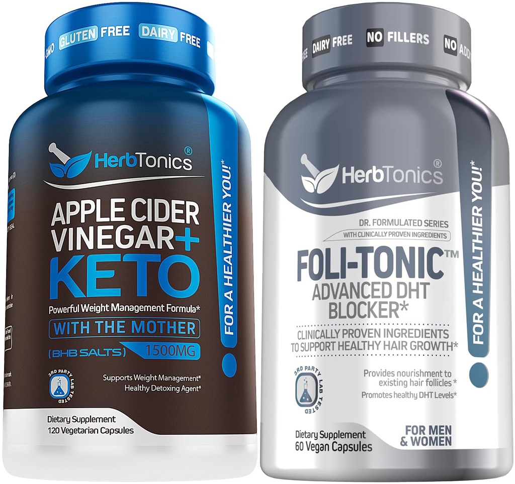 Herbtonics Apple Cider Vinegar Capsules Plus Keto BHB Fettforbrenner & Vekttap Supplement for kvinner og menn - Foli-Tonic DHT Blocker & Hårtap Supplement
