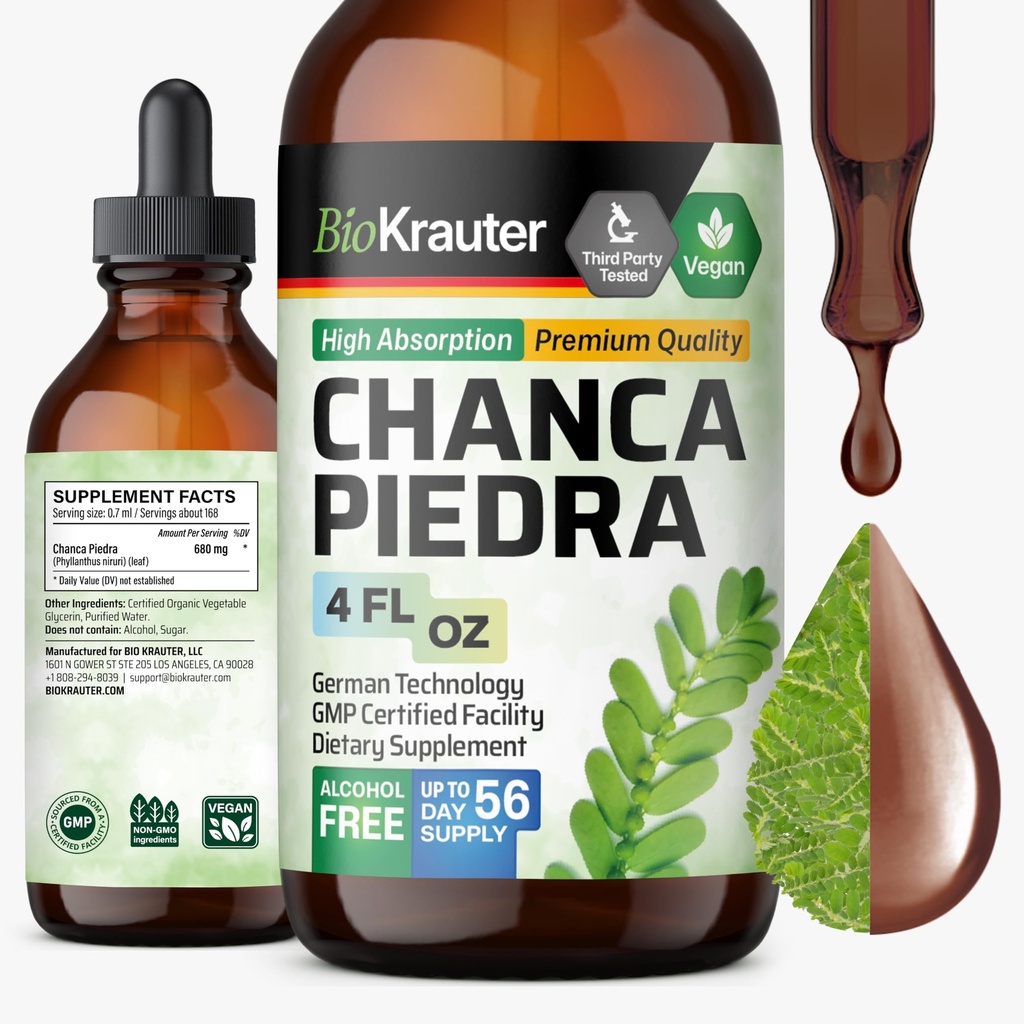 BIO KRAUTER Chanca Piedra Tinktur - Naturlig Nyre Helse Support Liquid - Chanca Piedra Stein Breaker & Gallblader Cleanse Formula - Vegan, alkohol og sukker Gratis dråper - 4 oz