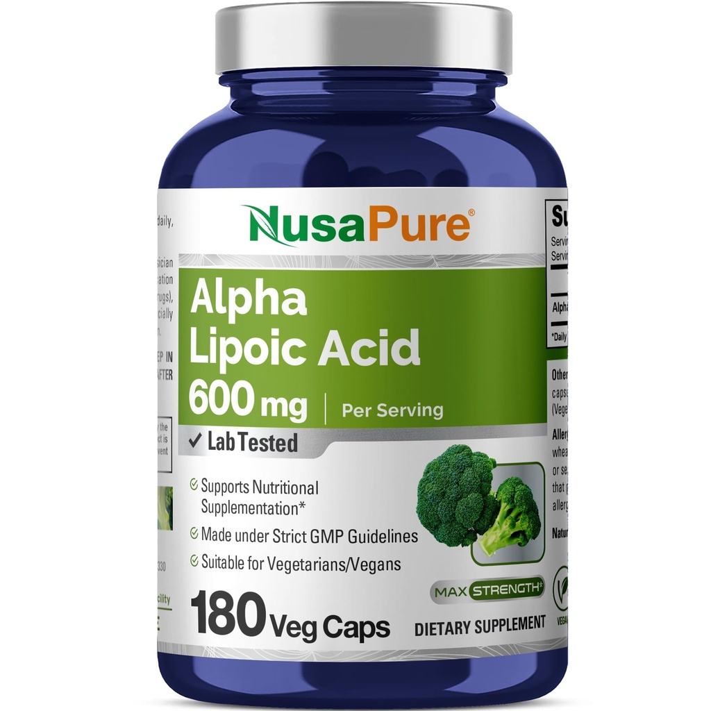 NusaPure Alpha Lipoic Acid 600 mg per servering 180 Veggie Capsules (vegetarian, ikke-GMO, Vegan)