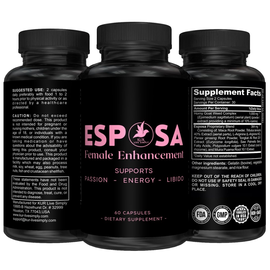 Esposa Kvinne Libido Booster for kvinner - Reignite Passion, Øk energi og følsomhet, Økt Mood & Desire - Laget i USA Naturlig Kvinne Enhancement piller med horny Goat Weed - 60 Kapsler