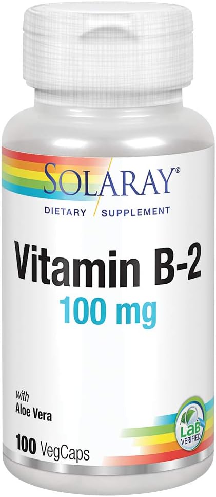 SOLARAY Vitamin B-2 Riboflavin 100 mg med Aloe Vera | Sunn energimetabolisme, hud, hår og negler | 100 CT