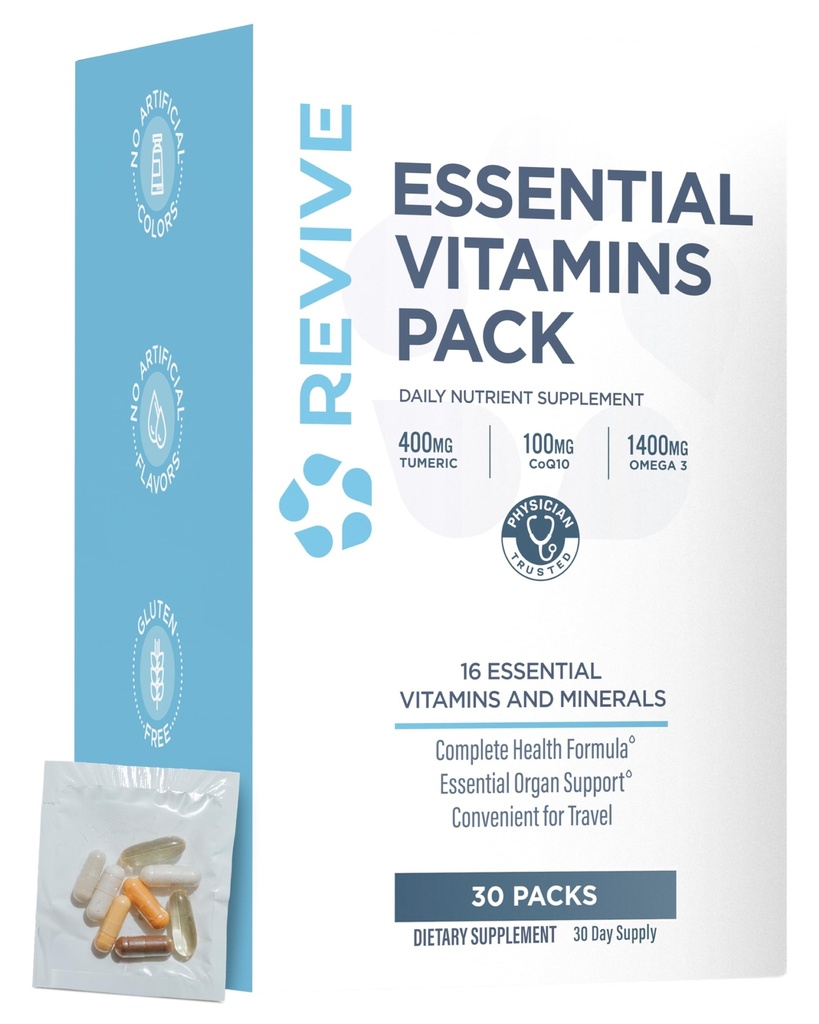 Revive MD essensielle vitaminpakker for kvinner og menn, vitaminer pakke daglig næringsstoffer Supplement - reisevennlig multivitamin pakker med Arjuna og gurkemeie ekstrakt støtte hjerte, felles, og organ helse