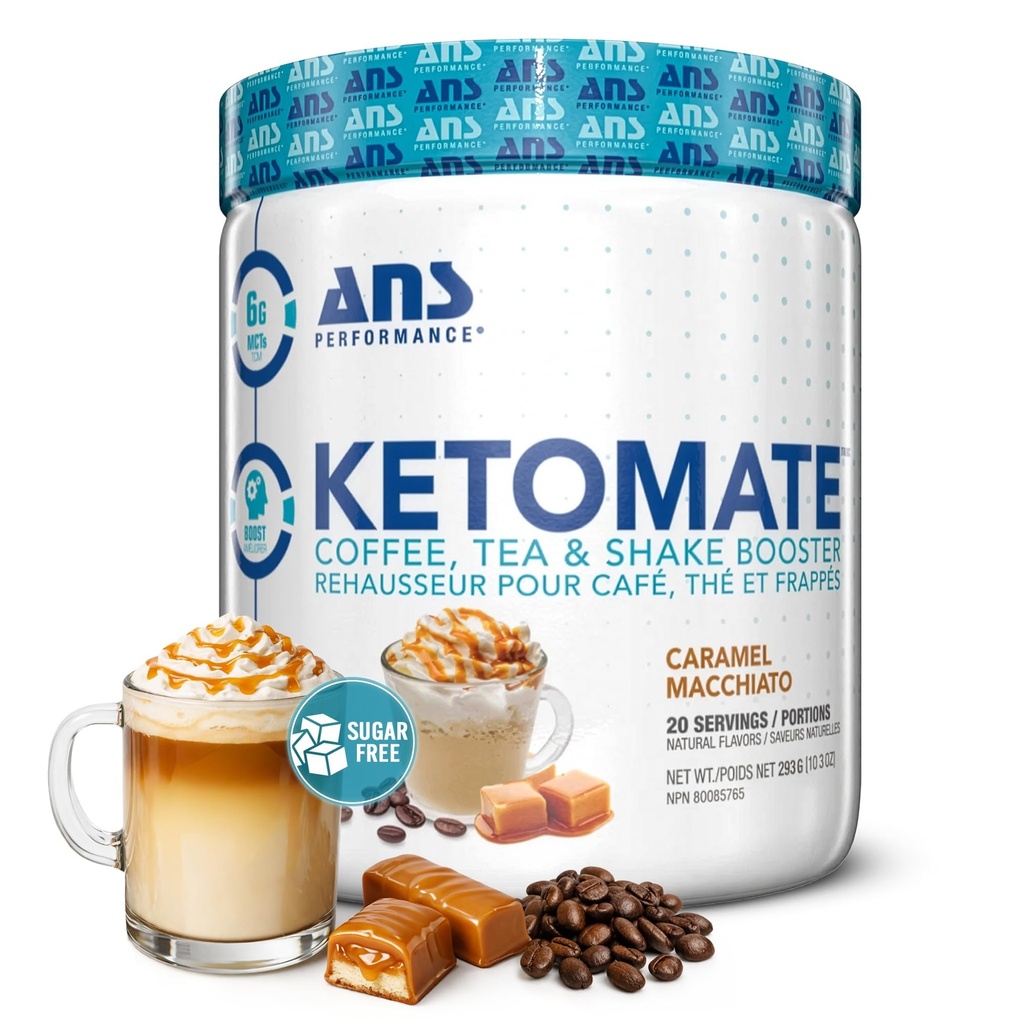 ANS ytelse Ketomate kaffe creamer med MCT olje pulver, deilig, sukker gratis creamer for kaffe, te og rister, perfekt keto energi pulver, 20 serveringer, 15oz, Caramel Macchiato