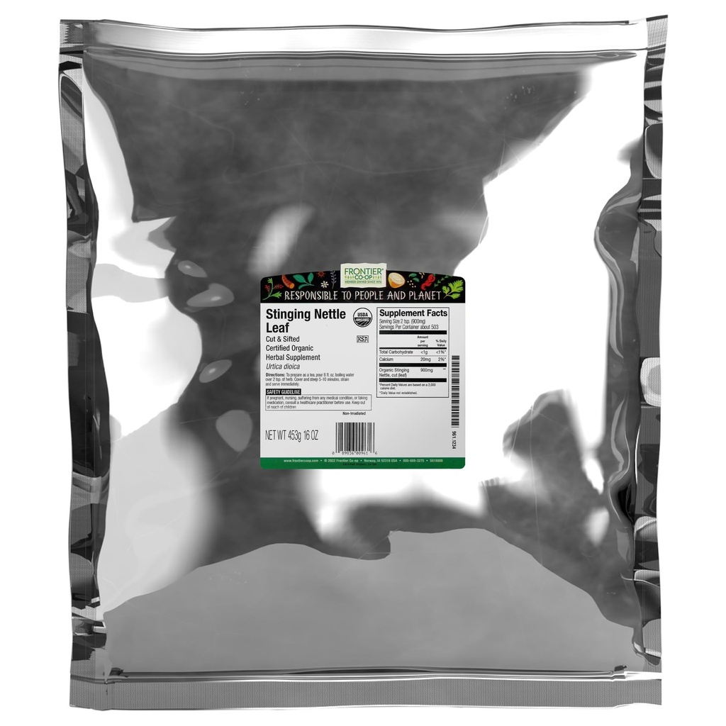 Frontier Co-op Organic Stinging Nettle Leaf, Cut and Sifted, for å lage Nettle Te, Kosher ® 16 Ounce (pakke med 2)
