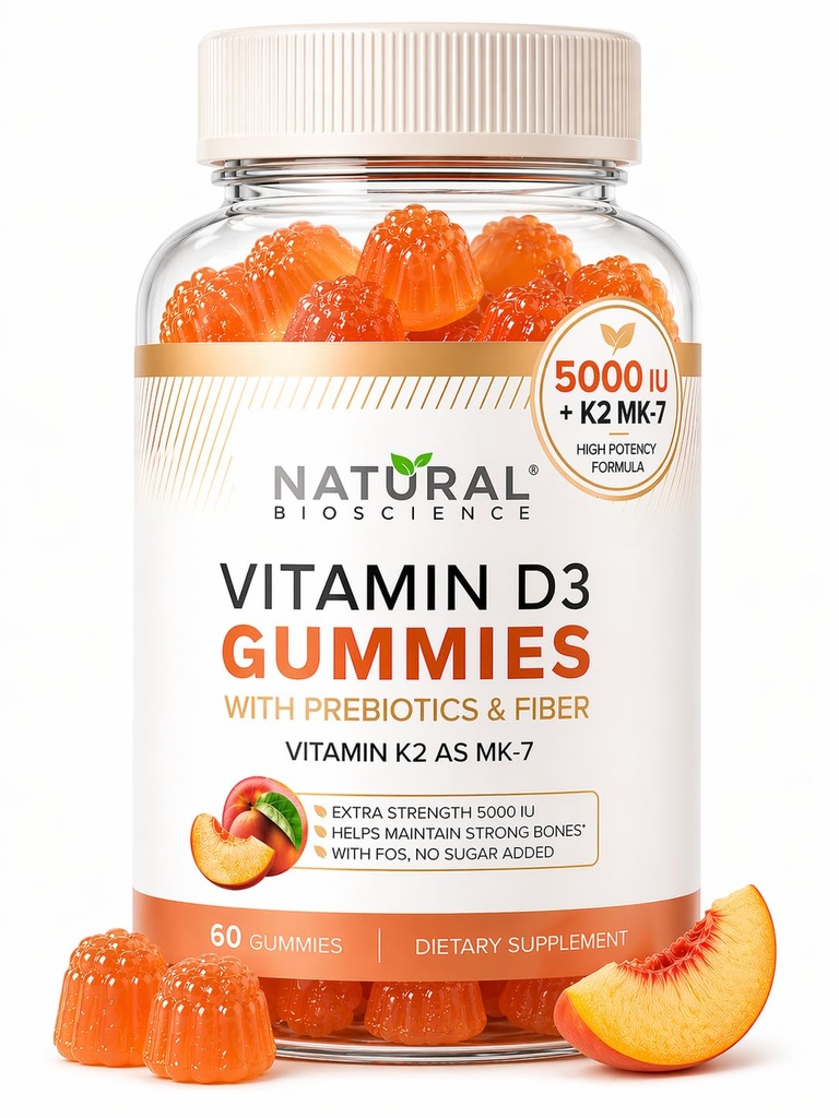 Sugar Free Vitamin D3 K2 Gummies - Vitamin D3 Gummies 5000 IU+K2 MK7 80 mcg, K2 D3 Vitamin Supplement voksne, Vitamin D K2 for Bein, Immun, Hjerte, Mood, Glutenfri, Ikke-GMO, Naturlig fersken Flavor