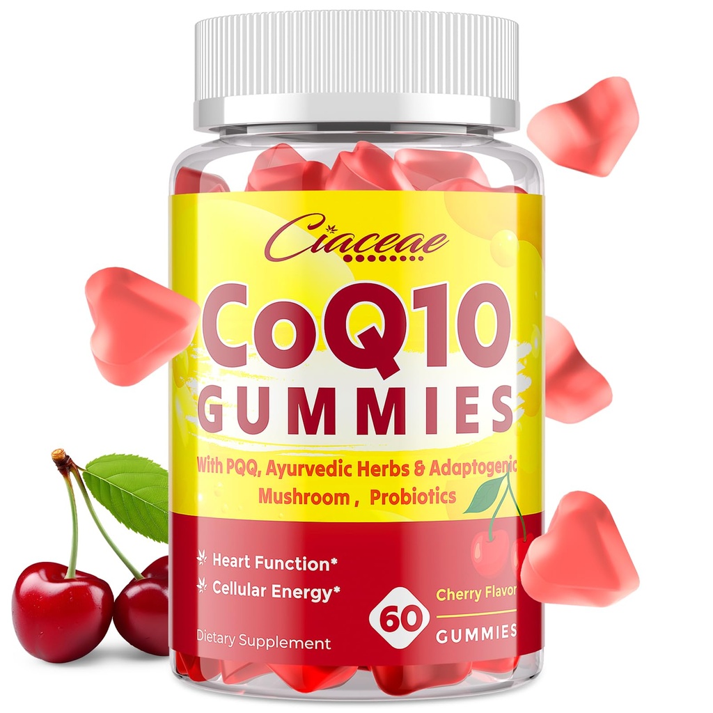 CoQ10 Gummies med PQQ - 400 MG Coenzym Q10 høy potens, forbedret med ayurvediske urter, Adaptogen Mushroom blanding & probiotika for hjerte, hjerne, energi, immunisme, Cherry Flavor, 60 Vegan Gummies