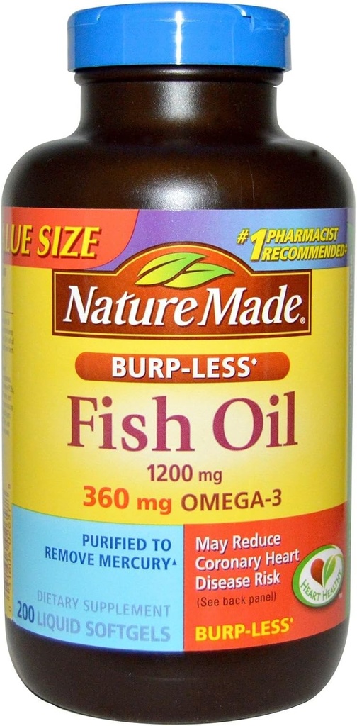 Natur laget Burp-Less Fish Oil 1200mg, 360mg Omega-3, flytende Softgels 200 ea (pakke med 2)