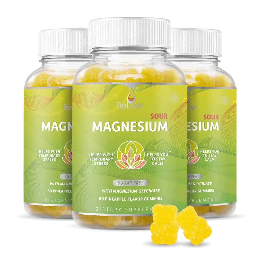 BeLive Magnesium Gummies 200 mg - 60 Ct Magnesium Glykinat kosttilskudd for avslapning, stress relief og søvn for voksne og barn - Tastige og Tangy Pineapple Flavor (3)