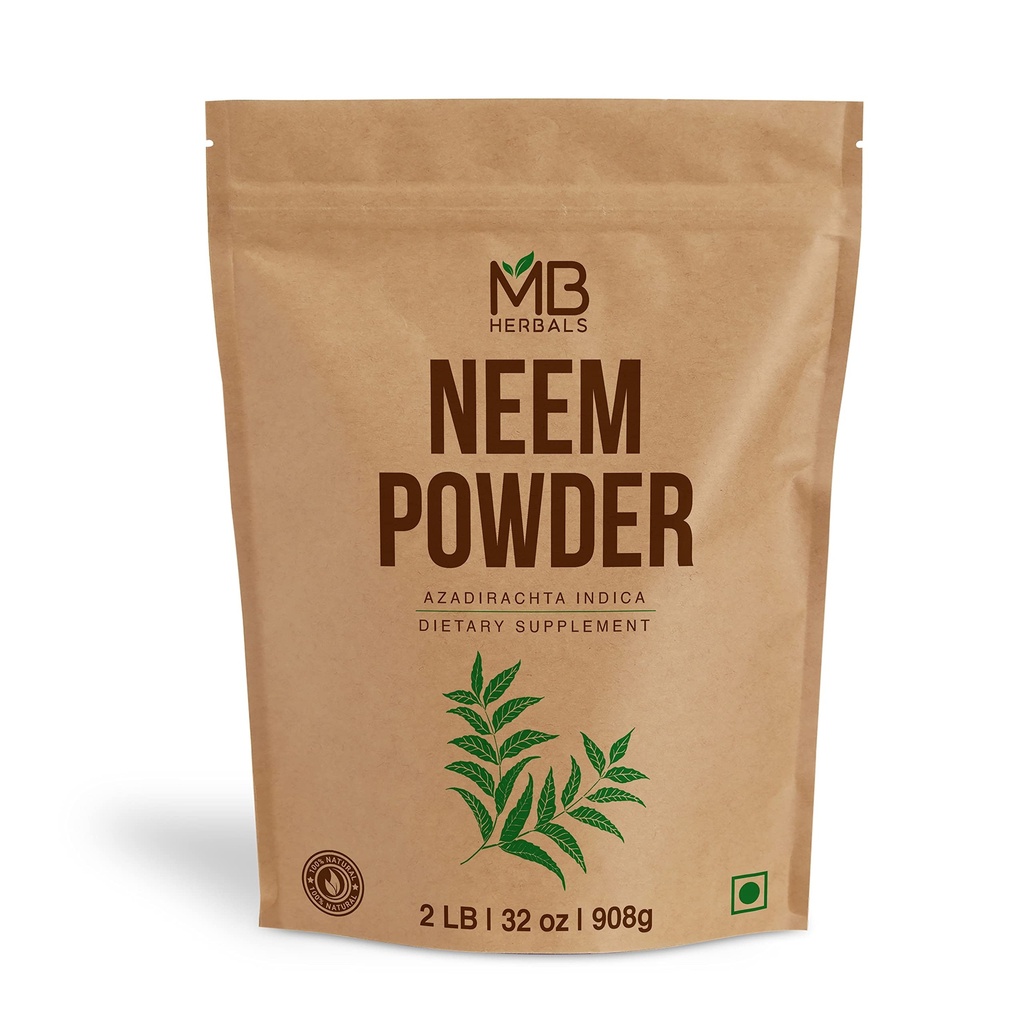 MB Herbals ren Neem pulver 2 lb | 32 oz | 908 Gram | 100% ren Wild-Crafted Neem Leaf pulver | Meget biter Neem Supplement for hudhår og detox | Azadirachta Indica