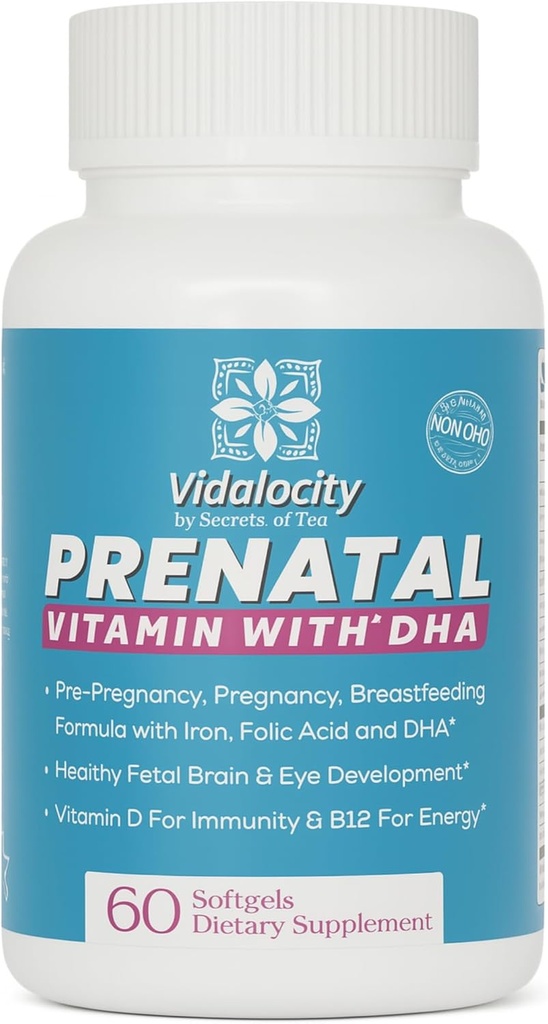 Vidalogenitet Prenatal Vitaminer For Kvinner, Multivitamin Kapsler: Omega 3 Fiskeolje (EPA/DHA), Magnesium, Folat, vitamin D3, C, vitamin B12, B6, Vitamin A, K & Zink, 60 Antall (60 dagers forsyning)