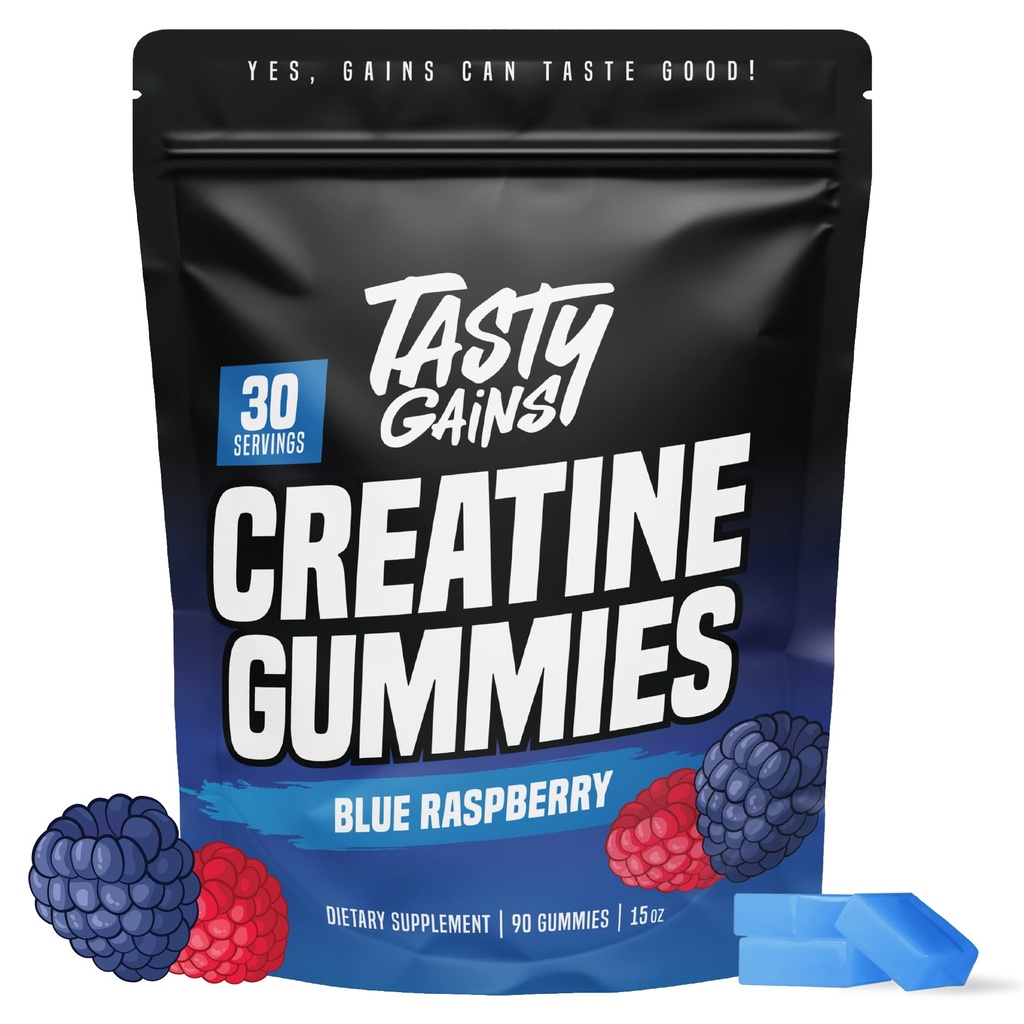 TASTY GANS Kreatin Gummies - 90 g kreatinin Monohydrat - Trening Kosttilskudd - Bygg muskel og styrke for menn og kvinner - laget i USA - Ikke GMO - Vegan Vennlig (Stor, Blå bringebær)