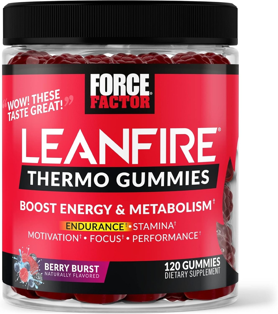 Force Factor LeanFire Termo Gummier med B12 Vitaminer, Koffein, & Grønn Kaffebønne, Økt energi, Metabolisme, Utholdenhet, Stamina, Motivasjon, Fokus, & ytelse, Pre Workout Gummies, 120 Gummies