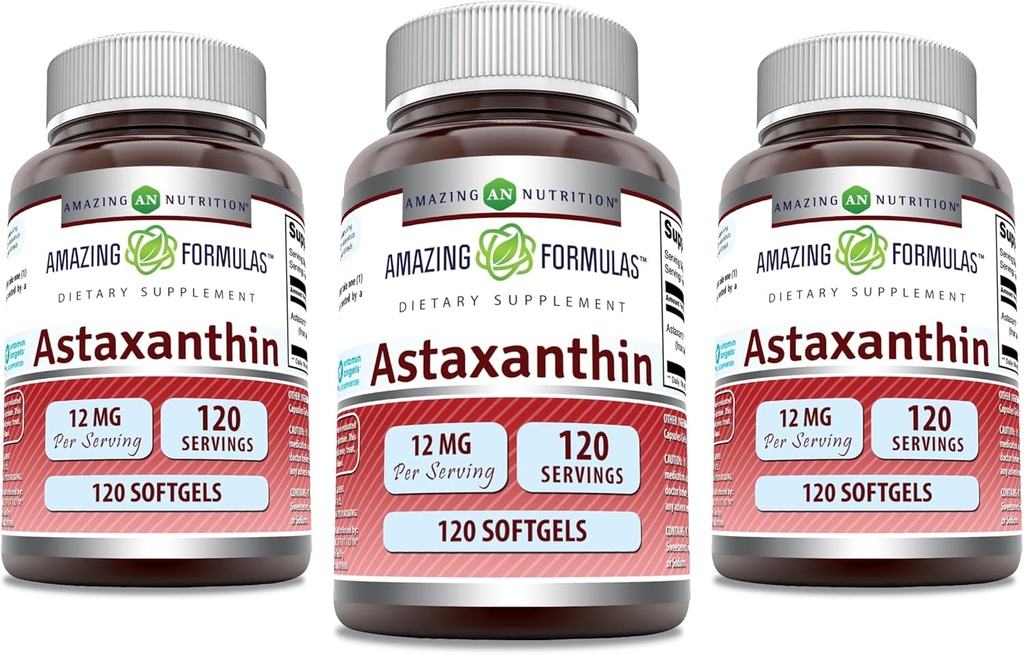 Amazing Formler Astaxanthin 12 mg Softgels Supplement | Ikke-GMO | Glutenfri (120 greve | 3 pakke)