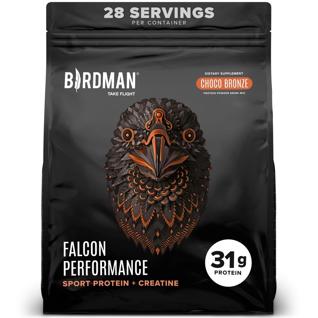 Birdman Falcon ytelse Vegansk protein pulver, 31g protein, 5g kreatin, 5g BCAA, probiotika, elektrolyter, pre trening, lav carb, sukkerfri & dairy gratis, plantebasert sjokolade protein, 28 porsjoner