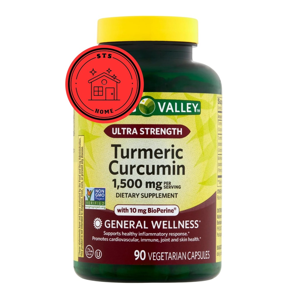 Spring Valley Turmeric Supplement | Turmeric Curcumin Supplement, Ultra Styrke 1.500 mg, 90 greve + STS klistremerke.