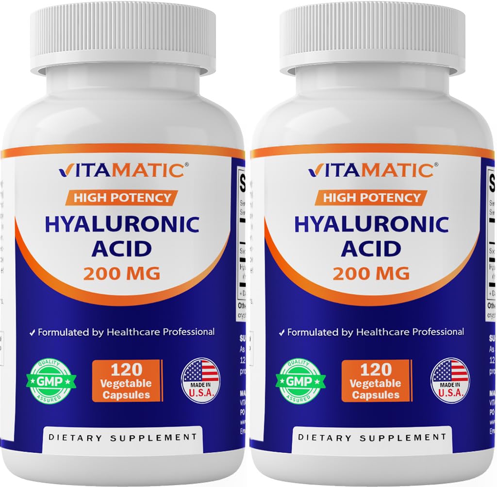 Vitamatic 2 Pack Hyaluronsyre Supplement 200 mg - Støtter Sunn Connective Vessue og Joints - fremme ungdommelig sunn hud - Totalt 240 Kapsler