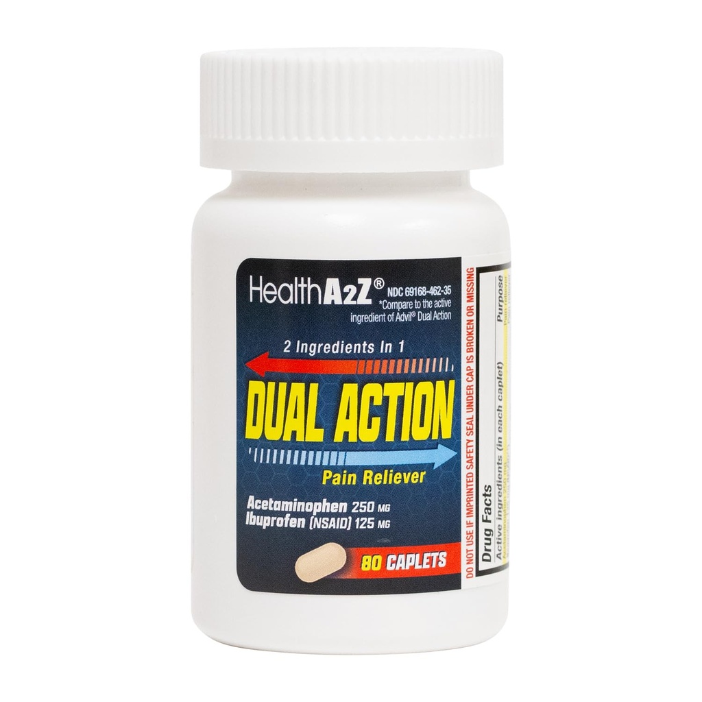 HealthA2Z® Dual Action Pain Relief | Acetaminophen 250mg & Ibuprofen 125mg (NSAID) | To legemidler for hodepine, feber og ryggsmerter lindring | Smerte Reliever & feber Reduser | 80 Caplets