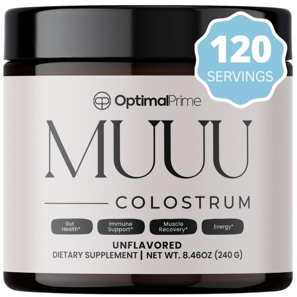 Optimal Prime - MUUU Bovine Colossum Supplement og Superfood pulver for Gut Helse, Bloating, Immun støtte, hår, hud, og negler Unflavored, 120 serveringer
