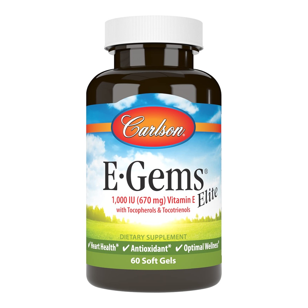 Carlson - E-Gems Elite, 1000 IE (670 mg) Vitamin E med tokoferoler og tokotrienoler, optimal velvære, 60 Softgels