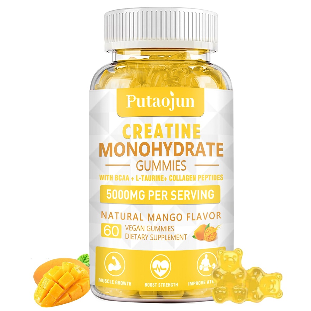 Kreatin Monohydrat med vitaminer D3 & B12 | Sukker-fri Hydrolysert kollagen & Kreatin Gummies ® 60 Count