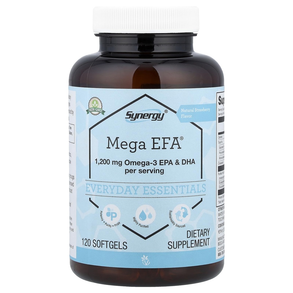 Vitacost Synergy Mega Efa 1200 Omega 3 EPA og DHA med naturlig jordbær 120 Softgels