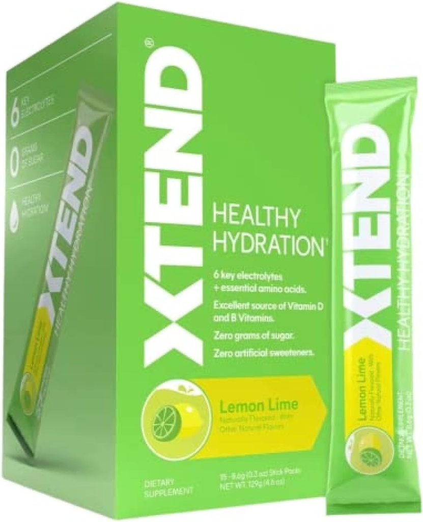 Xtend XTEND Sunn Hydration Lemon Lime | Zero Sugar Superior Hydration Powder Packets | 6 Nøkkelelektrolytter Drikkeblanding | Essentielle Aminosyrer | NSF-sertifisert for Sport | 15 Sticks