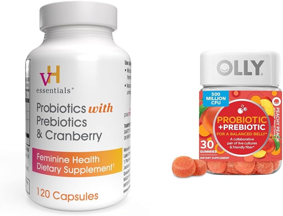 vH essensielt Probiotika med prebiotika og Cranberry Feminin Helse Kapsler Bundle med OLLY Probiotic + Prebiotic Gummy Digestive og Gut Helse Chewable Supplement
