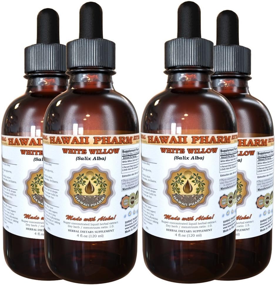Hvit Willow flytende ekstrakt, organisk hvit Willow (Salix Alba) tørket Bark Tinktur, Herbal Supplement, Hawaii Pharm, laget i USA, 4x4 fl.oz