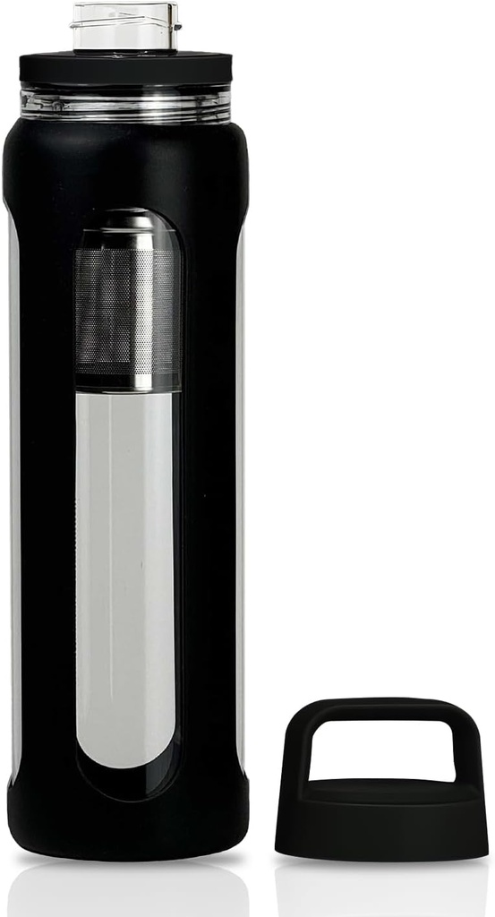 20oz glass vannflaske med silikon erme, 600ml krus med 2 Tier Lid (Wide Munn og liten munn rett drikking) med te leak flaske - Gym Yoga Utendørsaktiviteter (svart)