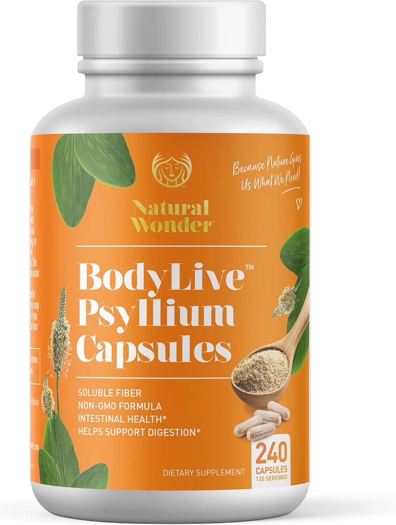 BodyLive Psyllium Husk Fiber Capsule Non-GMO 725mg, 240 kapsler (1450mg/reservasjon, 120 serveringer) Supplement for Colon Cleanse, Regelmessighet, Sunn Digestion, Prebiotisk, Laxativ, Hjart helse