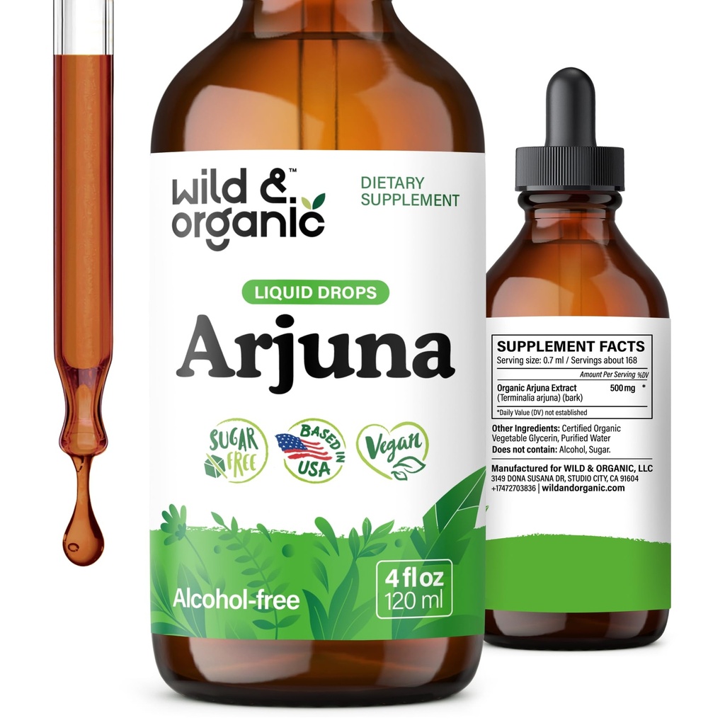 Wild & Organic Arjuna Bark Tinktur - Total velvære Supplement - alkoholfri flytende dråper - Terminalia Arjuna Bark Extract - Ingen sukker og tilsetningsmidler, ikke-GMO - 4 fl oz