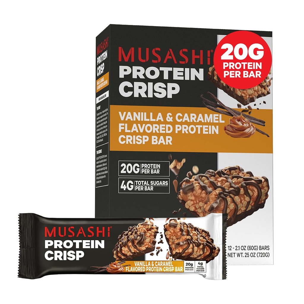 MUSASHI Protein Crisp Bar, 20g Protein, 4g Total Sukker, Vanilla & Caramel, Post Trening og Snack On The Go, 12 Pack av 2.1oz (60g) Barer