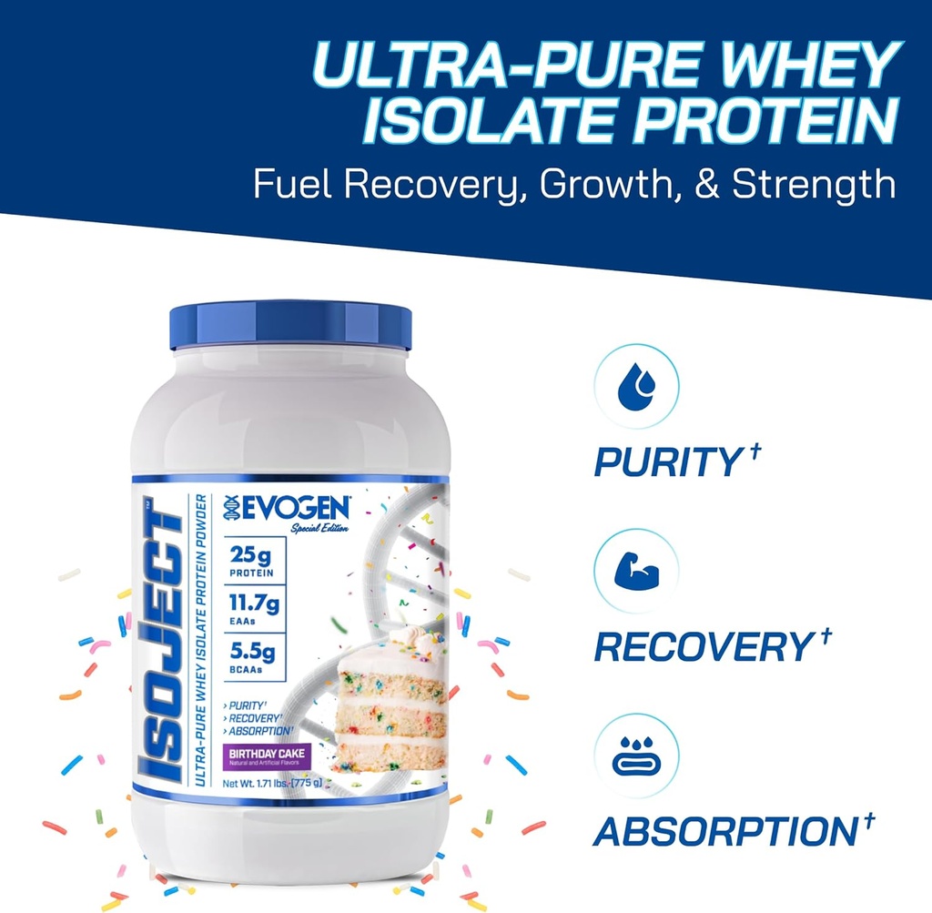 Evogen Isoject - Whey Protein Isolate | Ultra-Pure Whey Protein pulver med tenner Enzymer, BCAA og EAAs | Økt absorpsjon og gjenoppretting | Bursdag Kake | 25 serveringer