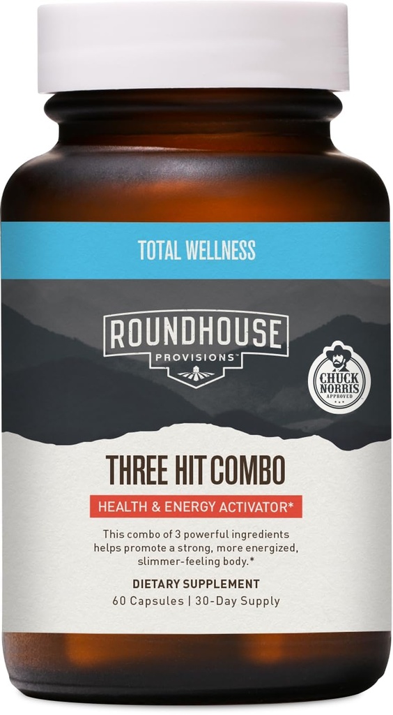 ROUNDHOUSE REPRODUSION Tre hit Combo av Chuck Norris - Fettforbrenner, energiforsterkning og velvære støtte – 30 dagers forsyning (60 kapsler)
