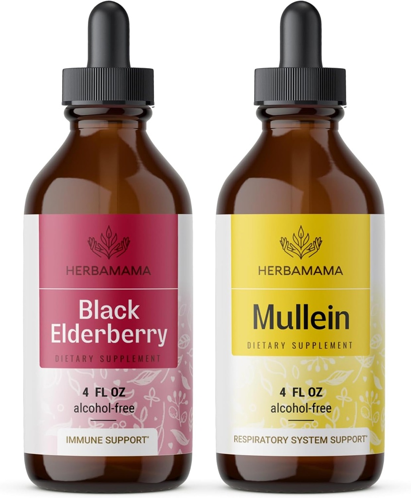HERBAMAMA Herbal flytende dråper Kit - Bundle av Black Elderberry ekstrakt og Mullein Leaf Tinktur 4 fl oz - Vegansk, ikke-GMO, sukker og alkohol-fri - 2 Pack
