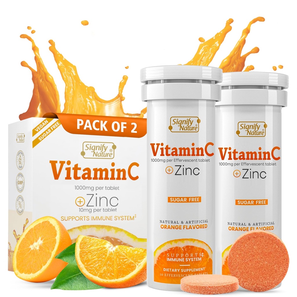 SIGNIFY NATURE Vitamin C 1000mg Effervescent Tabletter - Potent Immune Støtte VIT C med sink Supplement - Sukkerfri & Vegan formel | Oppløselig vitamin C Tabletter - Vannløselig Fizzy Elixir - 20CT