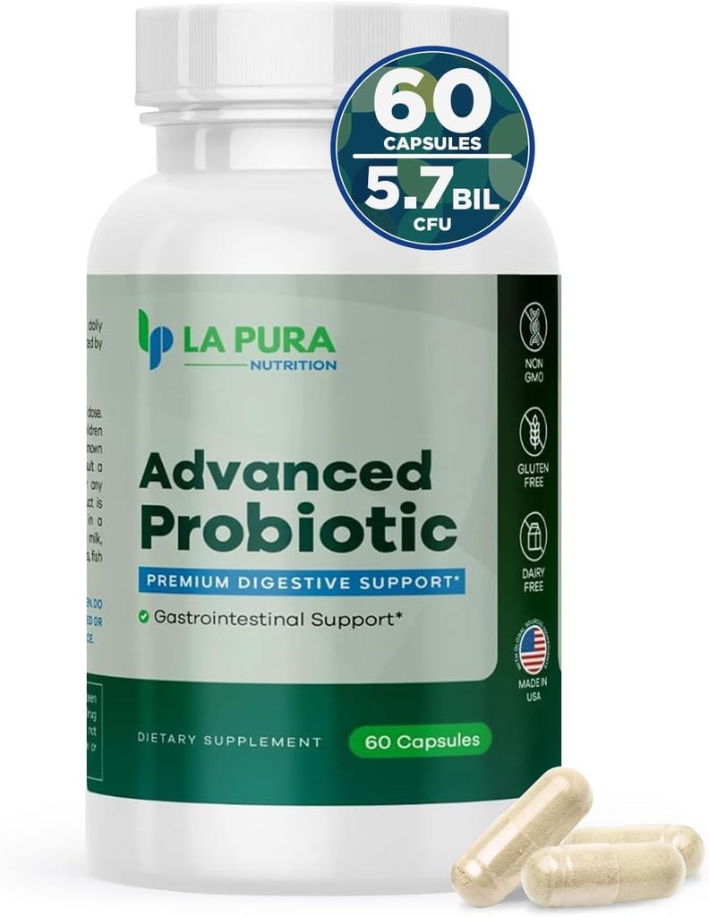 LaPura Advanced Probiotic - Premium Digestiv støtte for Gut & Immune Health, 60 kapsler - 5,75 milliarder CFU Probiotika inkludert DE111 Strain (Bacillus subtilis) - Ikke-GMO, Glutenfri, laget i USA