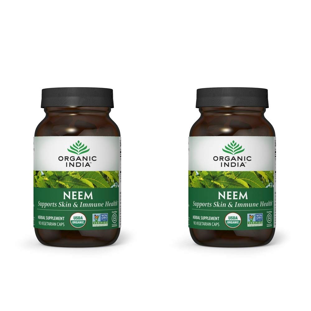ORGANIC INDIA Neem Leaf Capsules, Herbal Supplement - Støtter hud, immun, og lever helse, Detox, Vegan, Glutenfri, USDA Certified Organic - 90 kapsler (2-Pack)