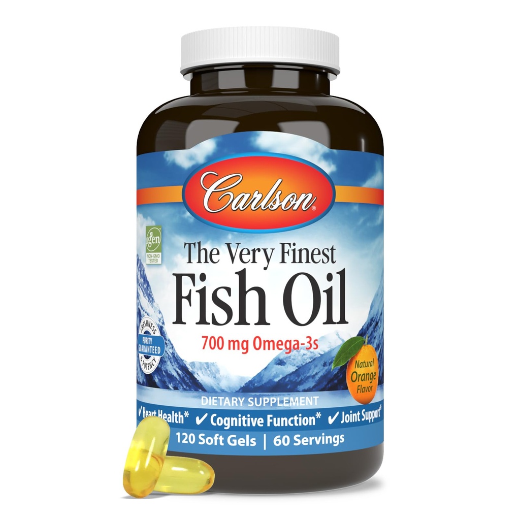 Carlson - Den aller fineste fiskoljen, 700 mg omega-3s, norsk fiskeolje supplement, Wild Caught Omega 3 Fish Oil, Sustainly Sourced Fish Oil Capsules, Omega 3 Supplement, Orange, 120 Softgels