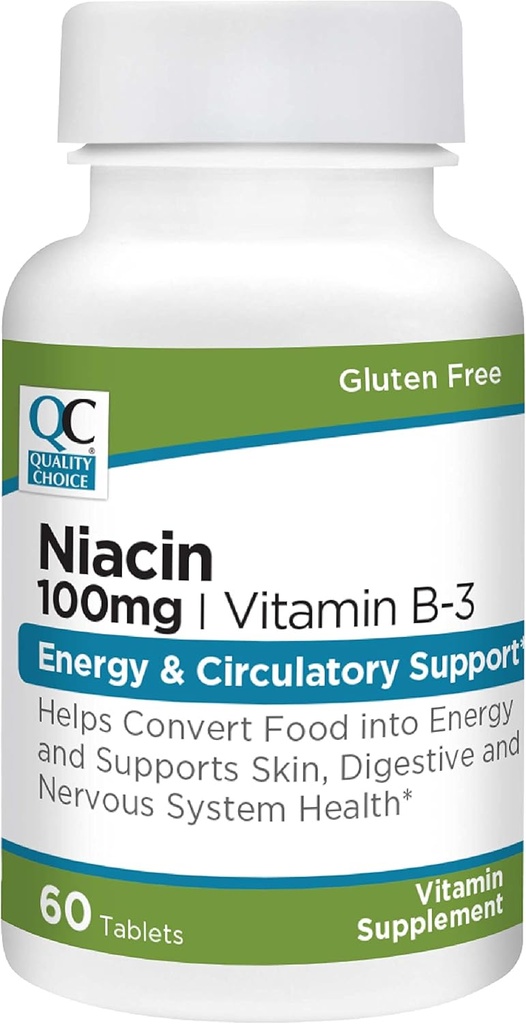 Kvalitetsvalg Niacin (Vitamin B3) Energi & Ciculatory Support 100 mg Supplement, 60 greveflasker