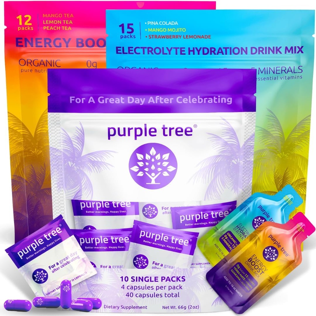 lilla tre premium 3x1 Combo: Post-Celebration velvære piller, organisk hydrasjon, neste dag energi klistremerke pakker | 10 festposesett for bedre morgener og lykkelig lever, bryllup, reise, Bachelorette