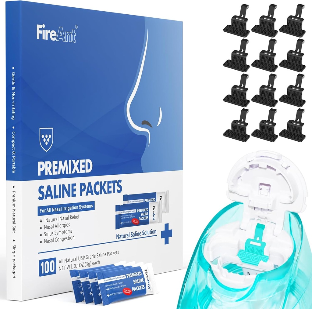 FireAnt 100 saltpakker og 12 Reusable saltpakker påfyllssett, kompatible med Navage Nasal Care - Inkluderer 100 Count Salt Packets Sinus Rinse + 12 Pack Silikon Salt Pads Påfyll i svart