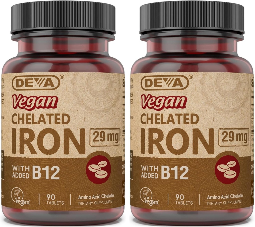 DEVA Ernæring Vegansk Chelatert jern 29 mg Forsterket med B-12 - høy styrke, lett å svelge - 90 tabletter, 2-pakke