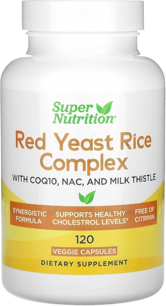 Super Ernæring Rød Yeast Rice Complex med organisk rødt yeast Rice, N-Acetyl Cysteine, Coenzyme Q10, og Melke Thistle Extract, 120 Veggie Kapsler